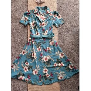 Rock n Romance Teal Tropical Hibiscus Floral 1950s Vintage Style Shirt Dress 8